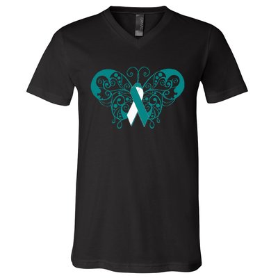 Cervical Cancer Awareness Support TealWhite Ribbon V-Neck T-Shirt