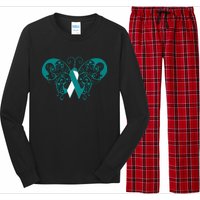 Cervical Cancer Awareness Support TealWhite Ribbon Long Sleeve Pajama Set