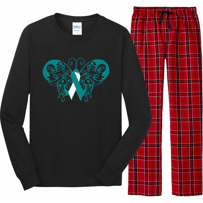 Cervical Cancer Awareness Support TealWhite Ribbon Long Sleeve Pajama Set