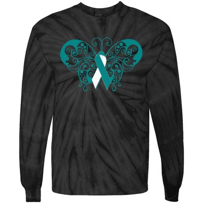 Cervical Cancer Awareness Support TealWhite Ribbon Tie-Dye Long Sleeve Shirt