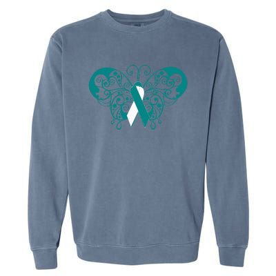 Cervical Cancer Awareness Support TealWhite Ribbon Garment-Dyed Sweatshirt