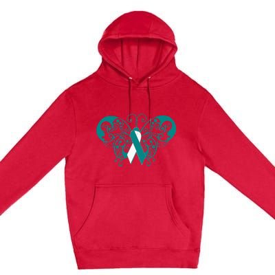 Cervical Cancer Awareness Support TealWhite Ribbon Premium Pullover Hoodie