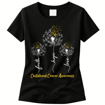 Childhood Cancer Awareness Faith Love Hope Dandelions Yellow Ribbons Womens T-Shirt