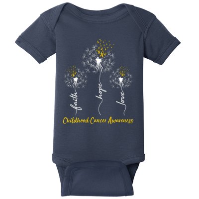 Childhood Cancer Awareness Faith Love Hope Dandelions Yellow Ribbons Baby Bodysuit