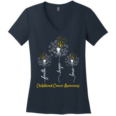 Childhood Cancer Awareness Faith Love Hope Dandelions Yellow Ribbons Women's V-Neck T-Shirt