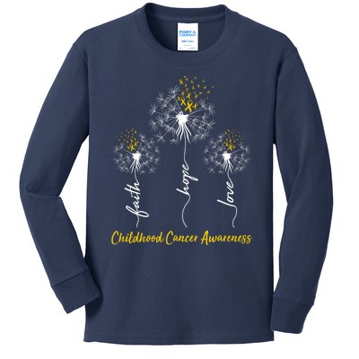 Childhood Cancer Awareness Faith Love Hope Dandelions Yellow Ribbons Kids Long Sleeve Shirt