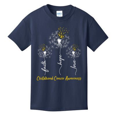 Childhood Cancer Awareness Faith Love Hope Dandelions Yellow Ribbons Kids T-Shirt