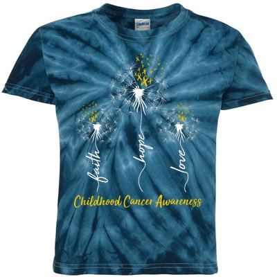 Childhood Cancer Awareness Faith Love Hope Dandelions Yellow Ribbons Kids Tie-Dye T-Shirt