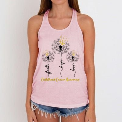 Childhood Cancer Awareness Faith Love Hope Dandelions Yellow Ribbons Women's Knotted Racerback Tank