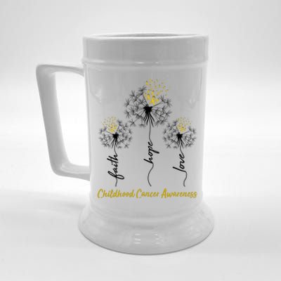 Childhood Cancer Awareness Faith Love Hope Dandelions Yellow Ribbons Beer Stein