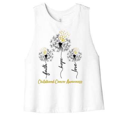 Childhood Cancer Awareness Faith Love Hope Dandelions Yellow Ribbons Women's Racerback Cropped Tank