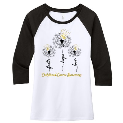 Childhood Cancer Awareness Faith Love Hope Dandelions Yellow Ribbons Women's Tri-Blend 3/4-Sleeve Raglan Shirt