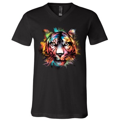 Cool Colorful Abstract Realistic Tiger Face V-Neck T-Shirt