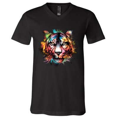 Cool Colorful Abstract Realistic Tiger Face V-Neck T-Shirt