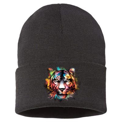 Cool Colorful Abstract Realistic Tiger Face Sustainable Knit Beanie