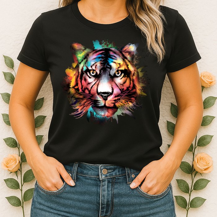 Cool Colorful Abstract Realistic Tiger Face Womens T-Shirt
