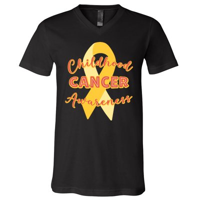 Childhood Cancer Awarebess Golden Gold Robbon V-Neck T-Shirt