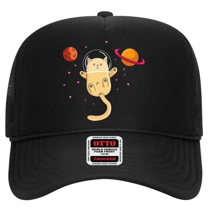 Chibi Cat Astronaut In Space High Crown Mesh Back Trucker Hat