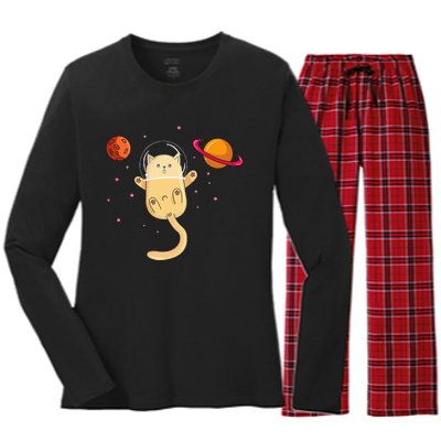 Chibi Cat Astronaut In Space Women's Long Sleeve Flannel Pajama Set 