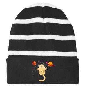 Chibi Cat Astronaut In Space Striped Beanie with Solid Band