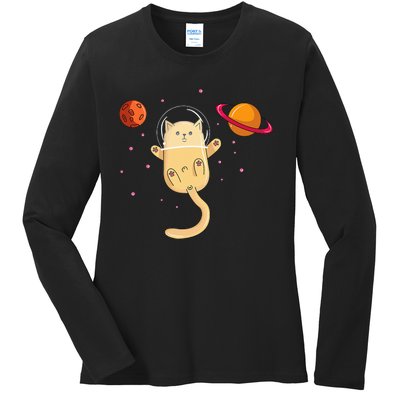 Chibi Cat Astronaut In Space Ladies Long Sleeve Shirt