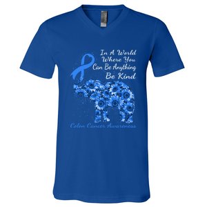 Colon Cancer Awareness Sunflower Elephant Be Kind Gift V-Neck T-Shirt