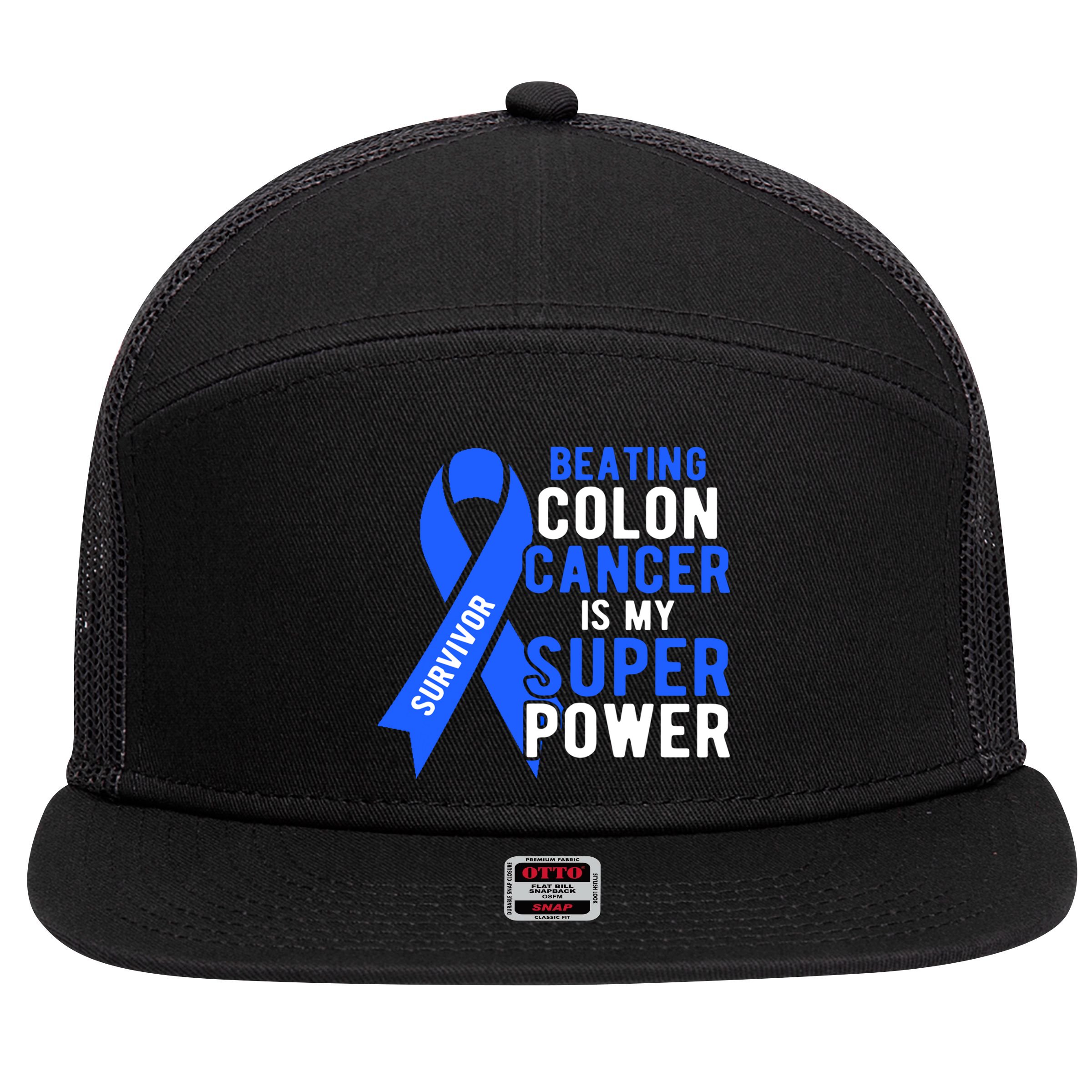 Colon Cancer Awareness Survivor Superpower Gift 7 Panel Mesh Trucker Snapback Hat
