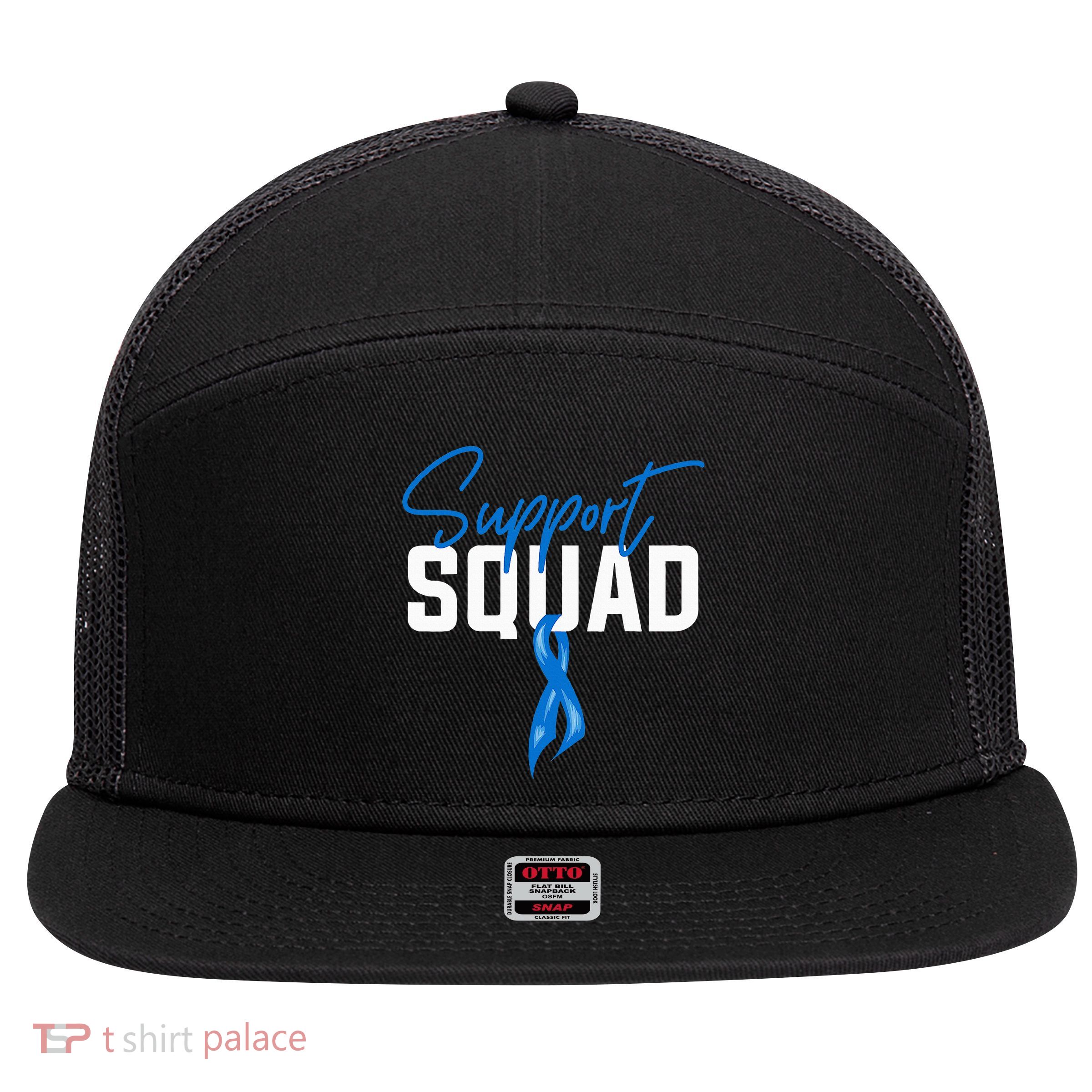 Colon Cancer Awareness Support Squad Blue Ribbon 7 Panel Mesh Trucker Snapback Hat