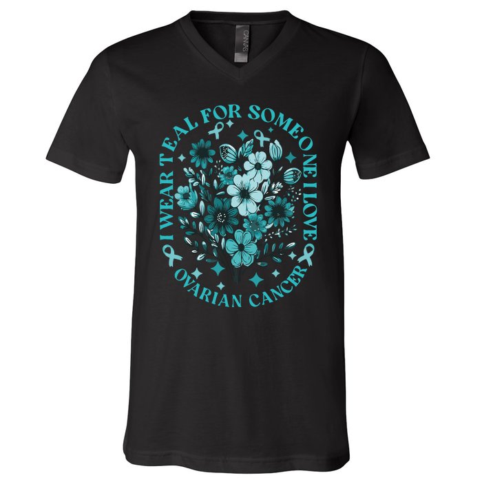 Cervical Cancer Awareness Wildflower I Wear Teal For Cervical Cancer V-Neck T-Shirt