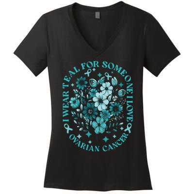 Cervical Cancer Awareness Wildflower I Wear Teal For Cervical Cancer Women's V-Neck T-Shirt