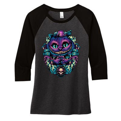 Cheshire Cat Alice In Wonderland Women's Tri-Blend 3/4-Sleeve Raglan Shirt