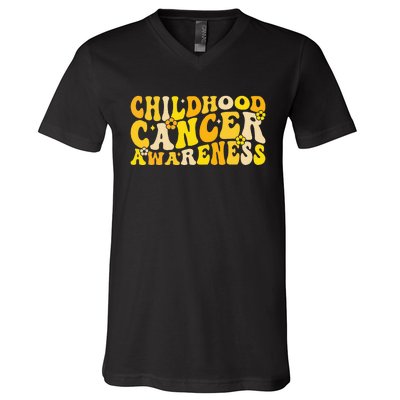 Childhood Cancer Awareness Rainbow Awareness Ribbon V-Neck T-Shirt