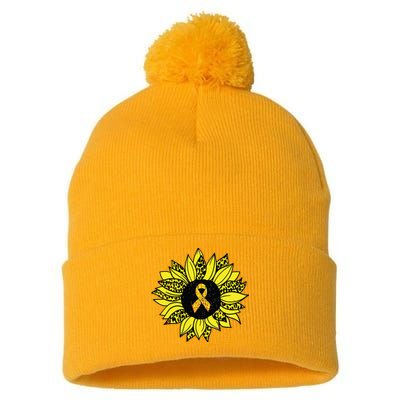 Childhood Cancer Awareness Yellow Sunflower Gold Ribbon Pom Pom 12in Knit Beanie