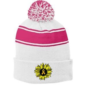 Childhood Cancer Awareness Yellow Sunflower Gold Ribbon Stripe Pom Pom Beanie