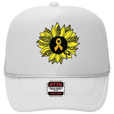 Childhood Cancer Awareness Yellow Sunflower Gold Ribbon High Crown Mesh Back Trucker Hat