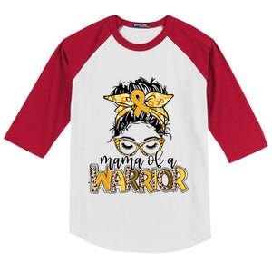 Childhood Cancer Awareness Mama Of A Warrior Messy Bun Mom Meaningful Gift Kids Colorblock Raglan Jersey