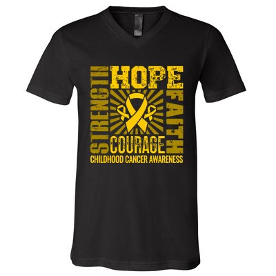 Childhood Cancer Awareness Hope Faith Strength V-Neck T-Shirt