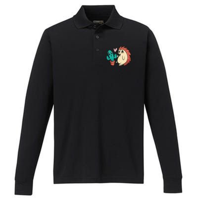 Cute Cactus And Hedgehog Performance Long Sleeve Polo