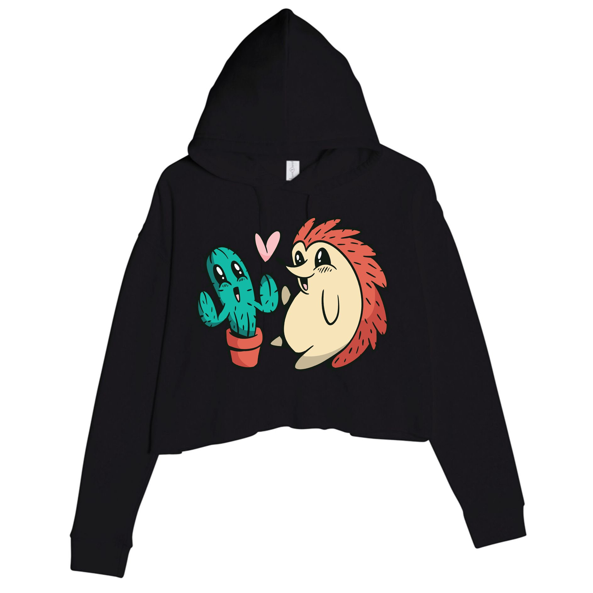 Cute Cactus And Hedgehog Crop Fleece Hoodie