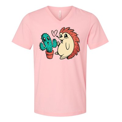 Cute Cactus And Hedgehog V-Neck T-Shirt