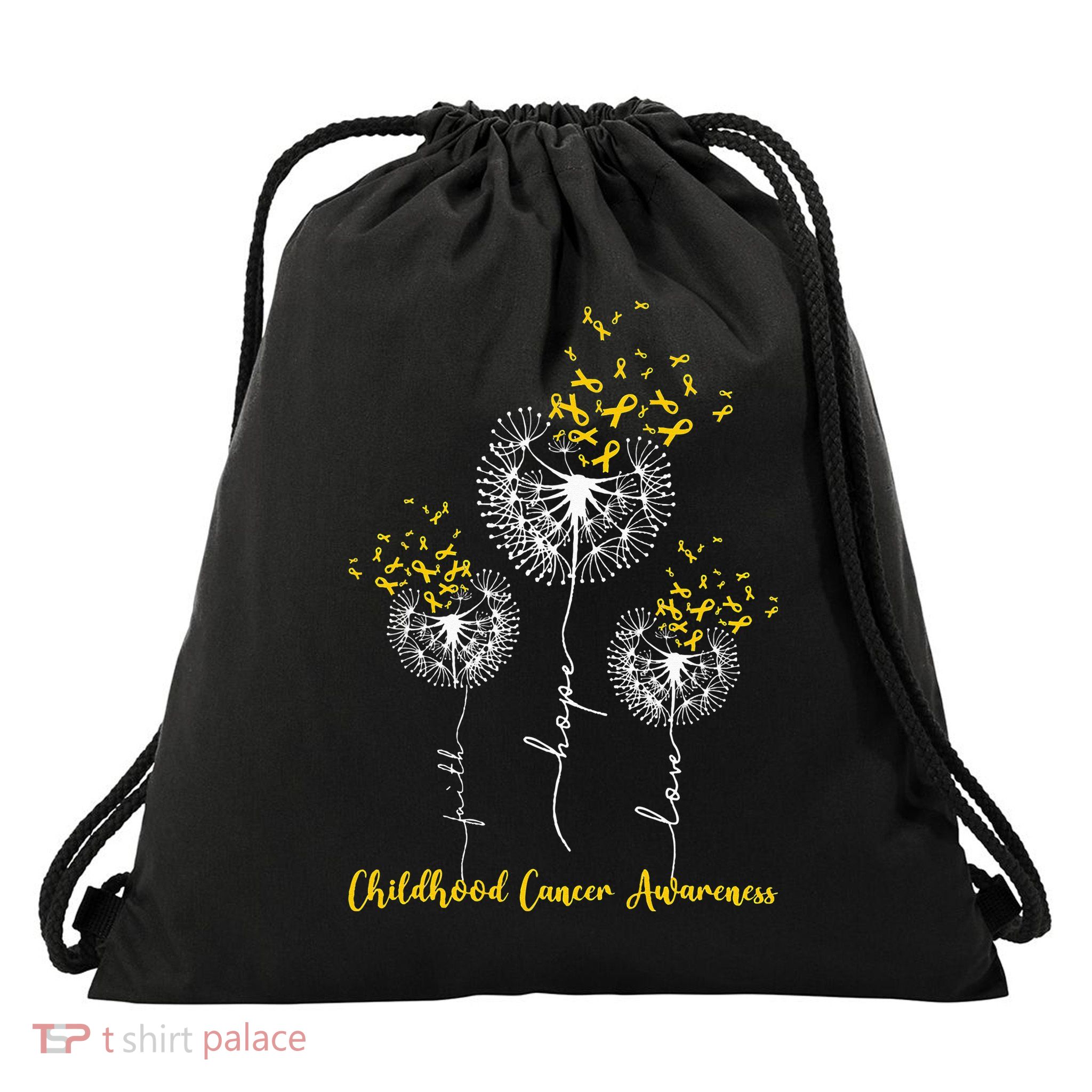 Childhood Cancer Awareness Faith Hope Love Dandelion Drawstring Bag