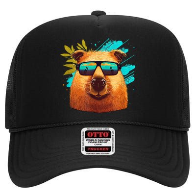 Capybara Cute And Funny Capybara Cool Sunglasses High Crown Mesh Back Trucker Hat