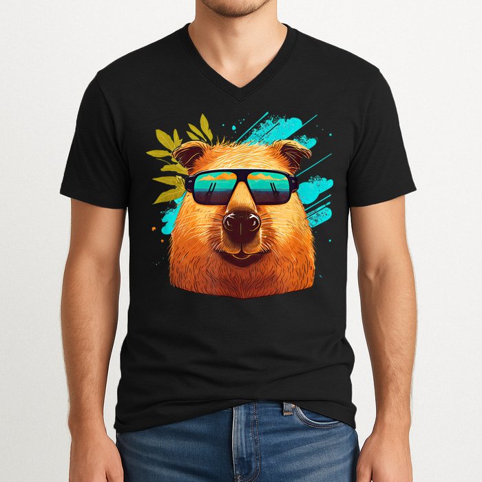 Capybara Cute And Funny Capybara Cool Sunglasses V-Neck T-Shirt