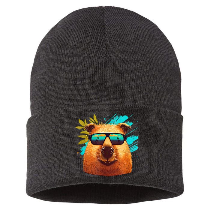 Capybara Cute And Funny Capybara Cool Sunglasses Sustainable Knit Beanie