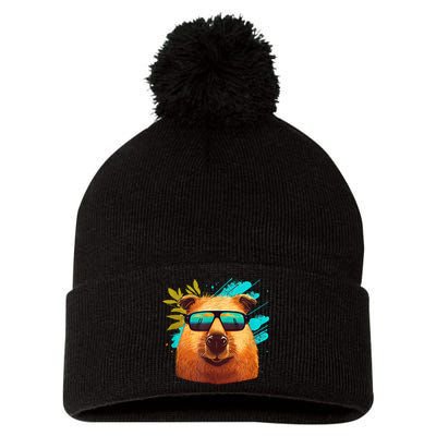 Capybara Cute And Funny Capybara Cool Sunglasses Pom Pom 12in Knit Beanie