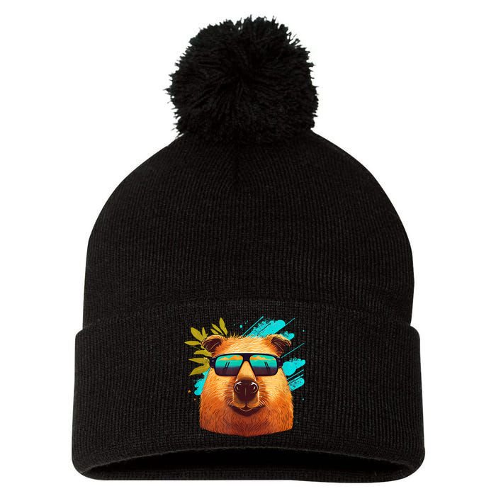 Capybara Cute And Funny Capybara Cool Sunglasses Pom Pom 12in Knit Beanie