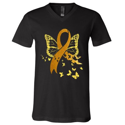 Childhood Cancer Awareness Gold Ribbon Butterfly Fighter V-Neck T-Shirt