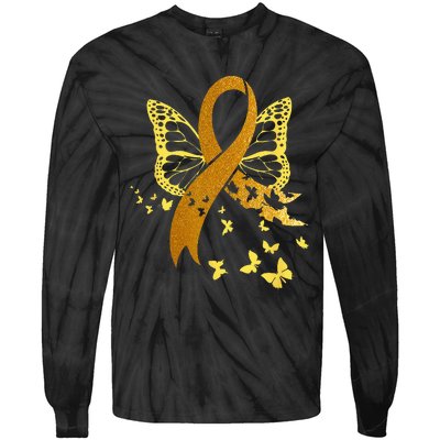 Childhood Cancer Awareness Gold Ribbon Butterfly Fighter Tie-Dye Long Sleeve Shirt