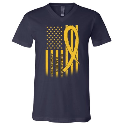 Childhood Cancer Awareness US Flag V-Neck T-Shirt