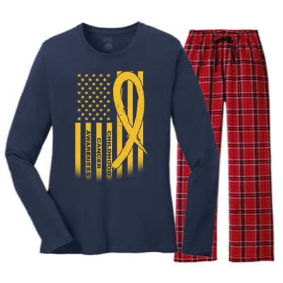 Childhood Cancer Awareness US Flag Women's Long Sleeve Flannel Pajama Set 